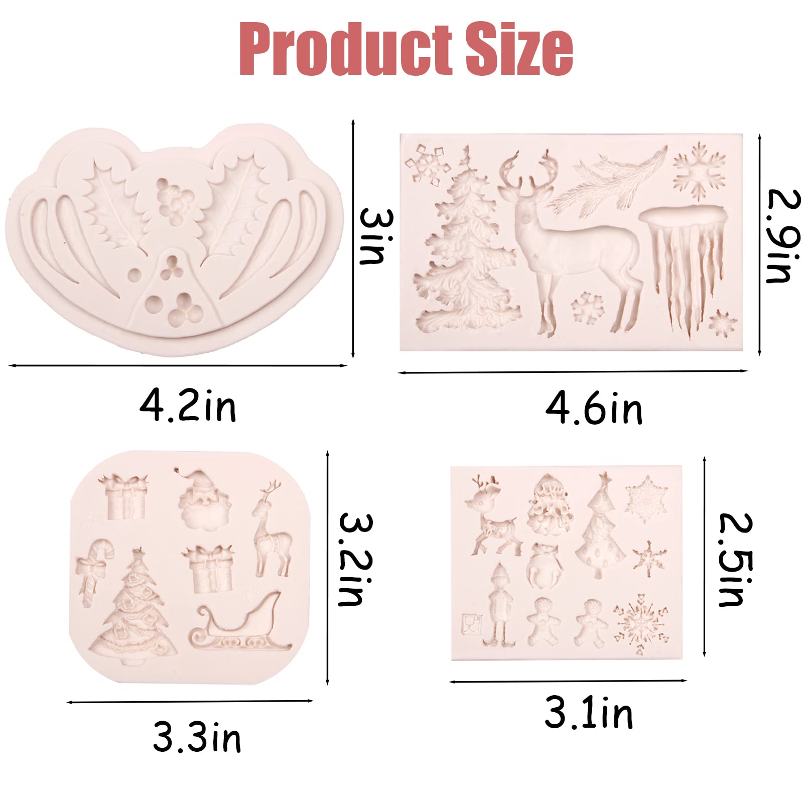 Christmas Theme Silicone Molds 4 Pcs, Christmas Tree Elk Snowflake Icicle Deer Candy Fondant Mold For Cake Decoration, Candy Sug