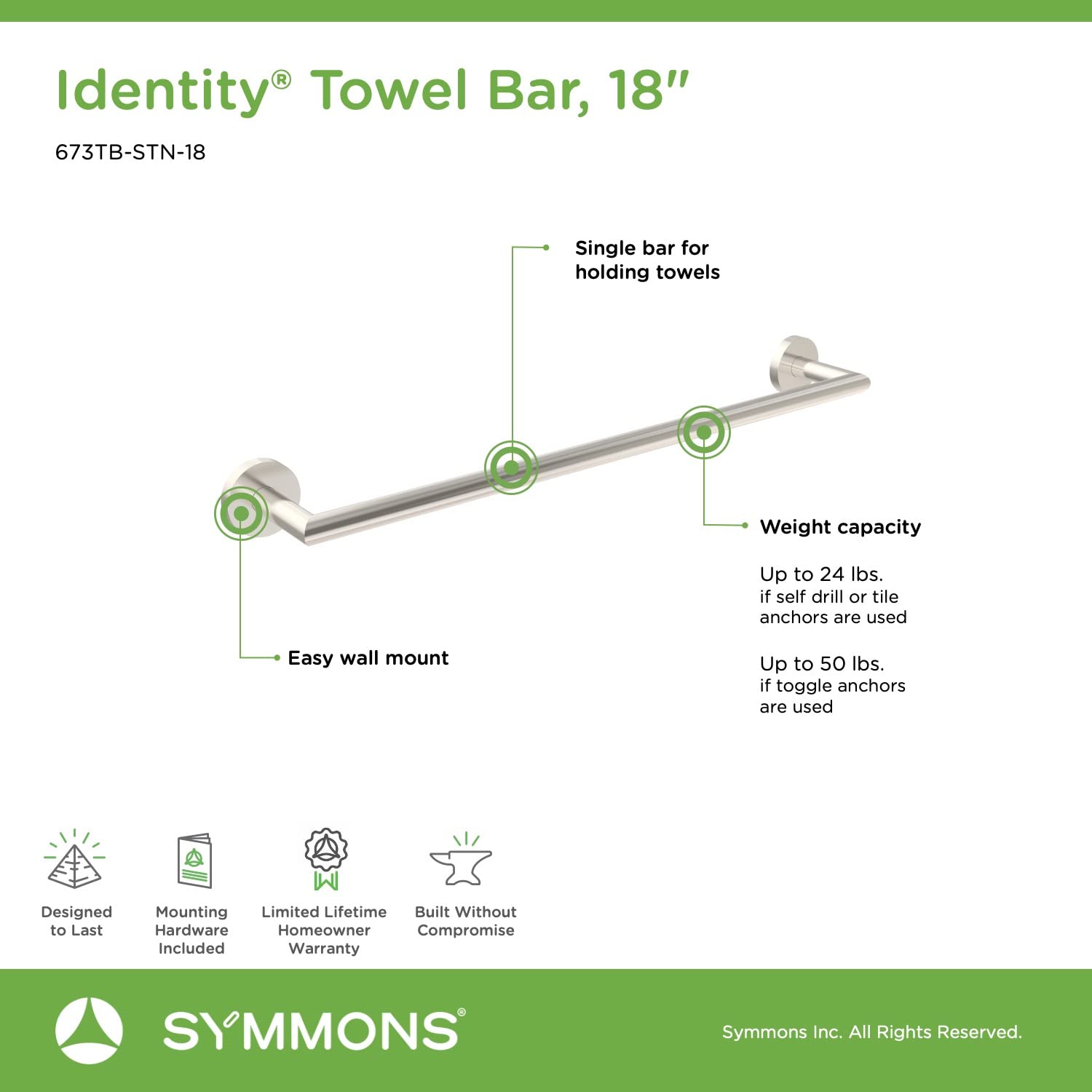 Symmons 673Tb-Stn-18 Identity 18 In. Wall-Mounted Towel Bar In Satin Nickel