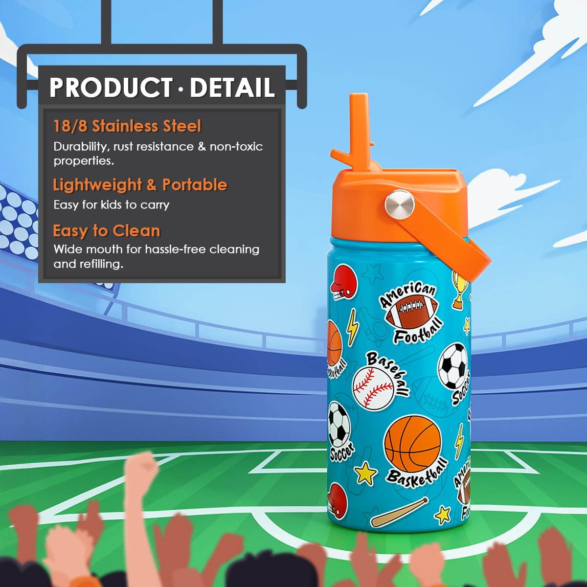 Sport Kids Water Bottle With Straw Lid 12oz Insulated Stainless Steel, Travel Tumbler, Gifts For Boys, Birthday, Christmas, Back