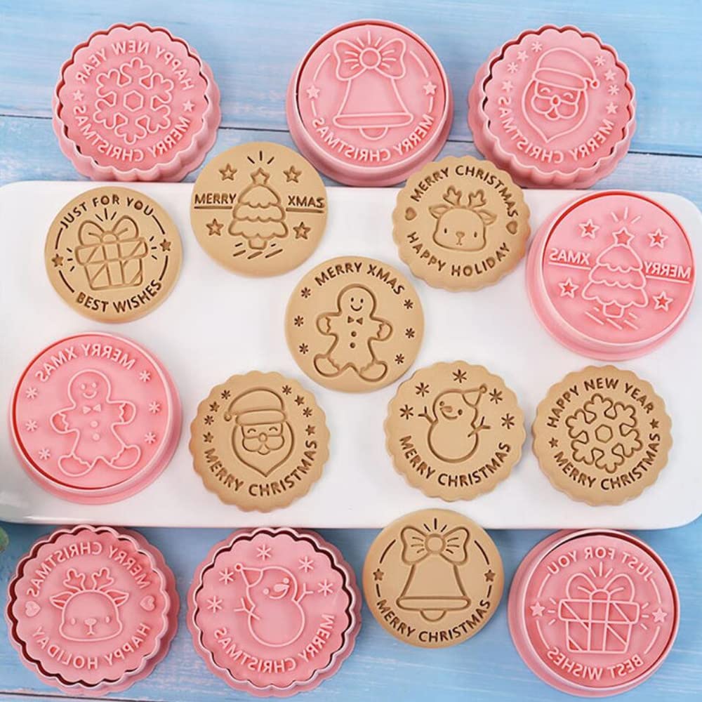 8 Pieces Round Christmas Cookie Cutter Cookie Moulds For Baking Cookie Mould Press Christmas Cookie Mould Set Kitchen Tools Plas