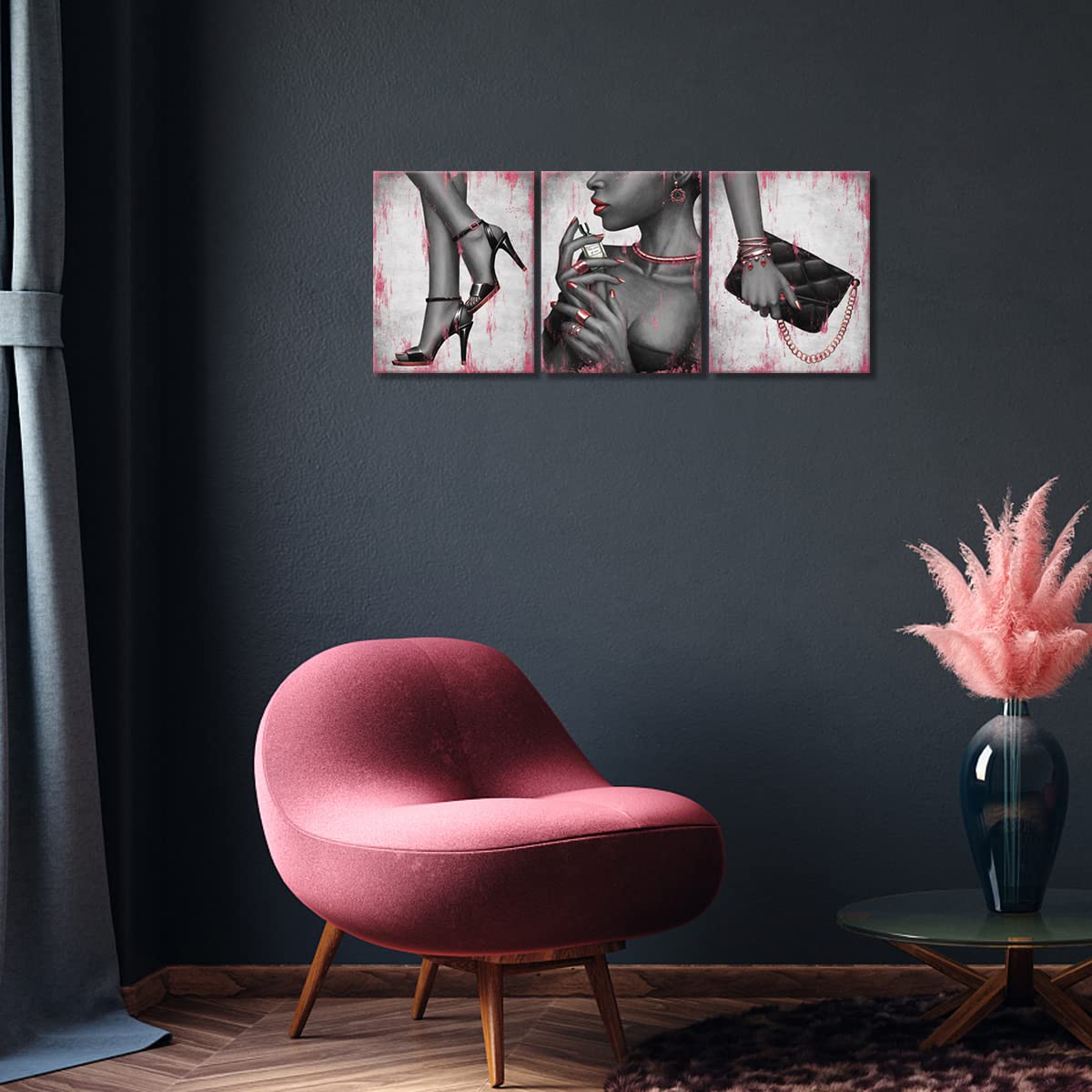 Visual Art Decor Fashion Elegant African American Black Woman Canvas Wall Art Gold Rose Pink High Heel Shoes Necklace Perfume Ha