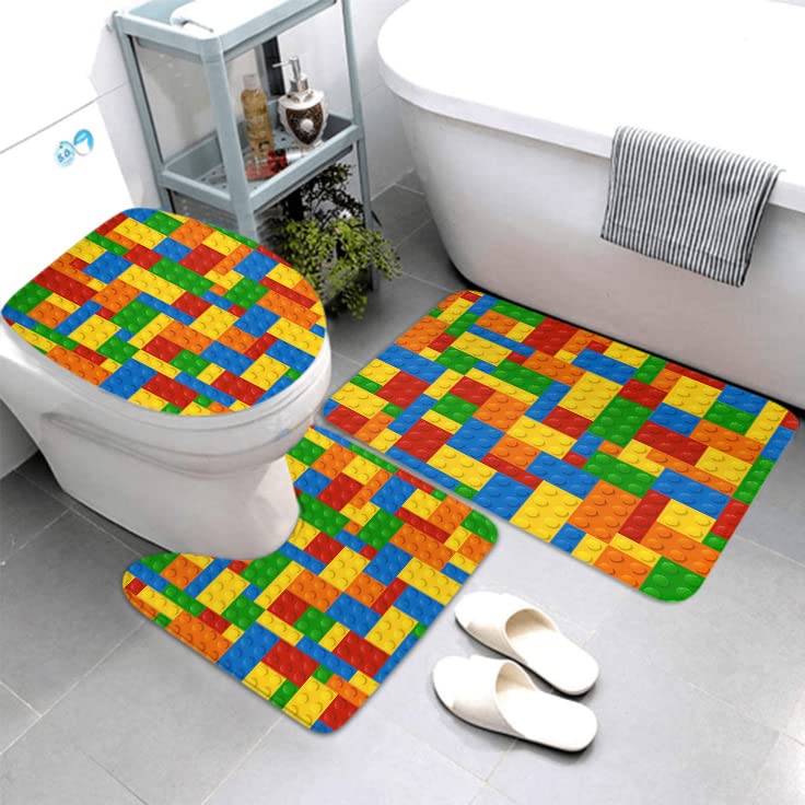 Lokmu 4 Pcs Shower Curtain Sets With Non-Slip Rugs,Toilet Lid Cover And Bath Mat,Colorful Blocks Waterproof Shower Curtain With