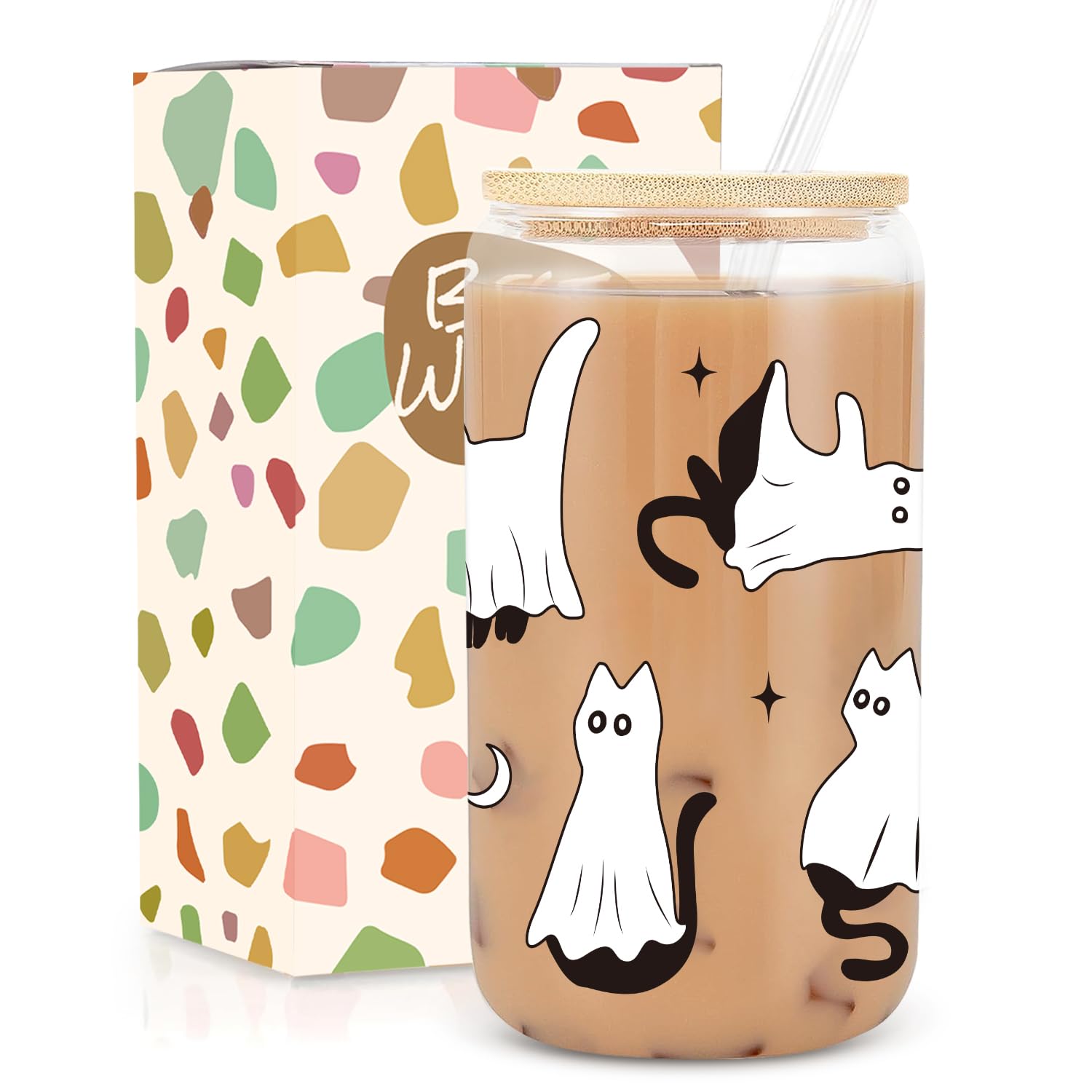 UAREHIBY Halloween Ghost Cat Iced Coffee Cup, Cute Cat Gifts for Women, 18oz Spooky Coffee Glass Cup W/Lids and Straws, Boo Bask