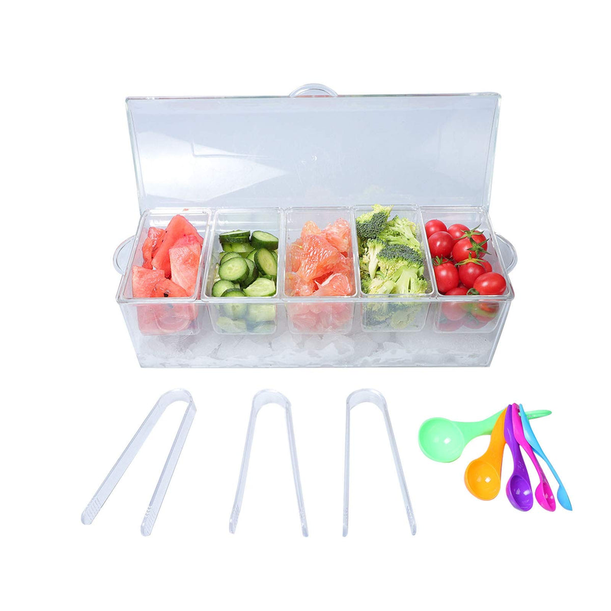 Mortime Ice Chilled Condiment Server With 5 Removable Compartments, Clear Sauce Caddy Serving Tray Container With Lid, Set Of 5