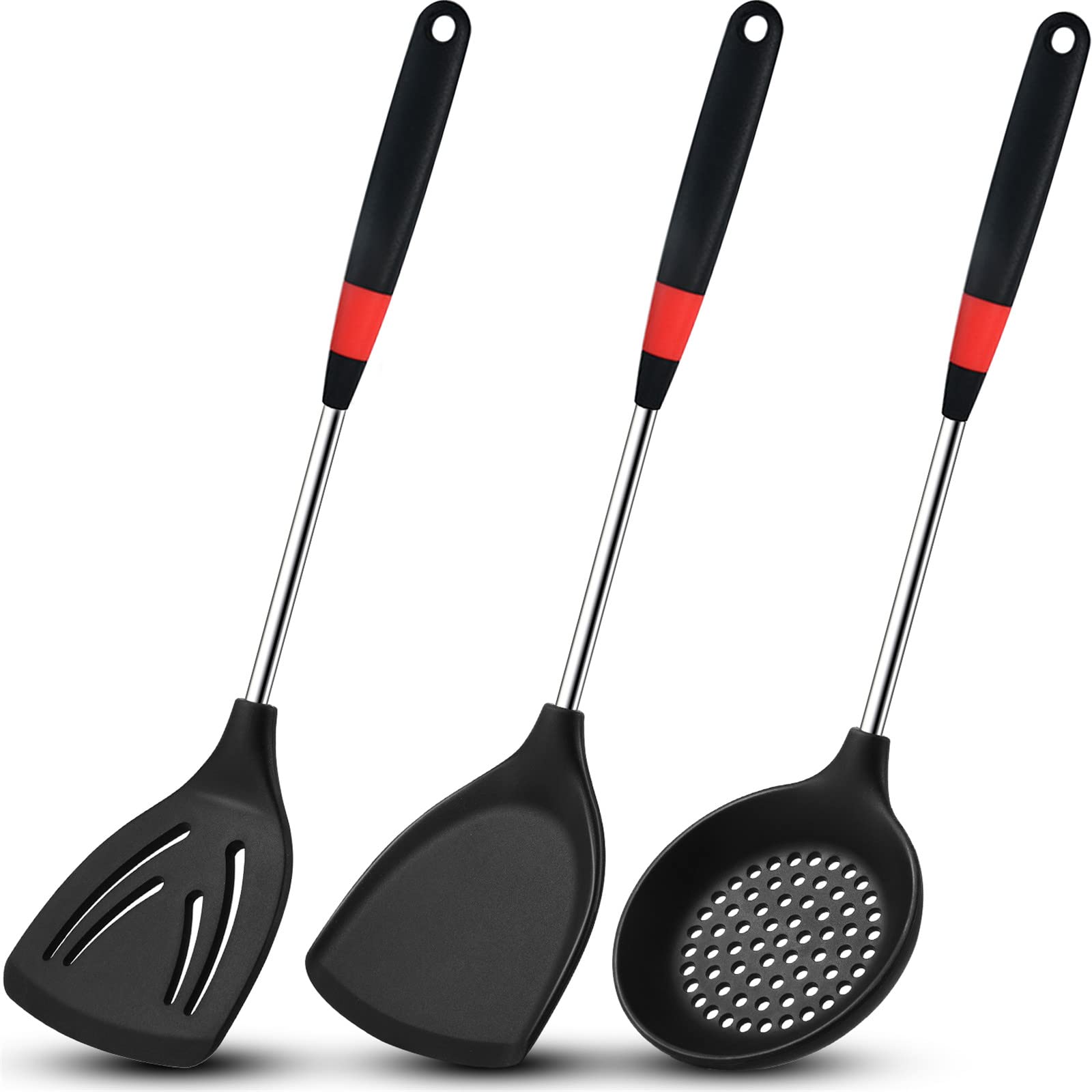 3 Pieces Silicone Stainless Steel Turner Spatula Set Includes Flexible Silicone Wok Spatula Slotted Spatula Skimmer Slotted Spoo