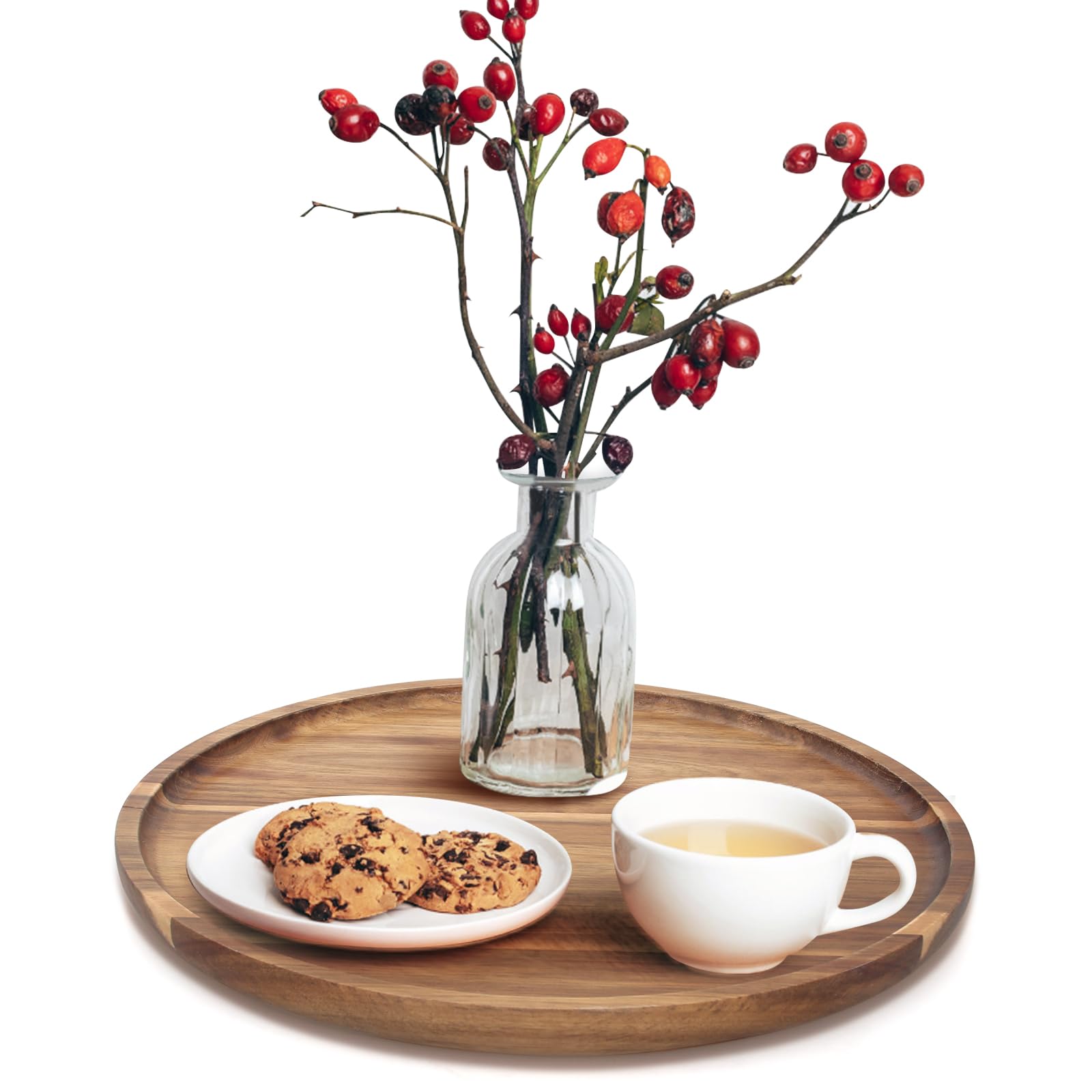 12 Inch Round Wood Serving Tray For Decor Lazy Susan Table Top Circle Plate