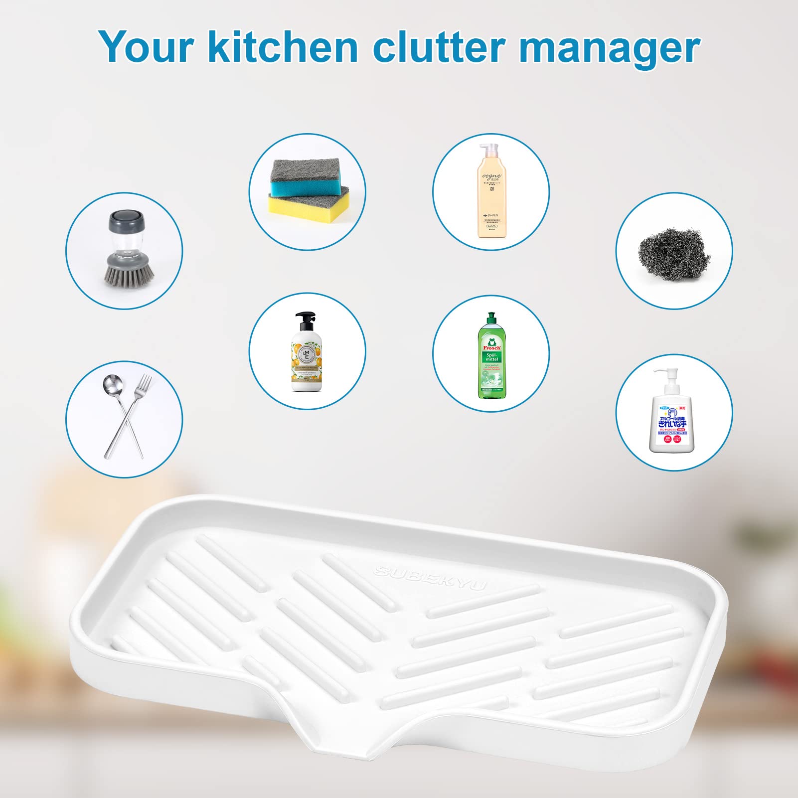 Subekyu Silicone Kitchen Soap Tray, Sink Tray For Kitchen Counter/Soap Bottles, Sponge Holder And Organizer With Drain Spout, Wh