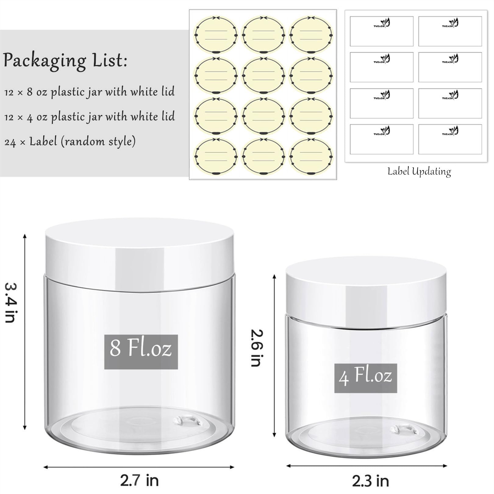 TUZAZO 24 Pack Empty Plastic Slime Containers with Lids and Labels - 12pcs 8 OZ and 12pcs 4 OZ Small Plastic Jars for Lotion  Cream  Ointments  Makeup  Glitters  Samples  Travel Storage