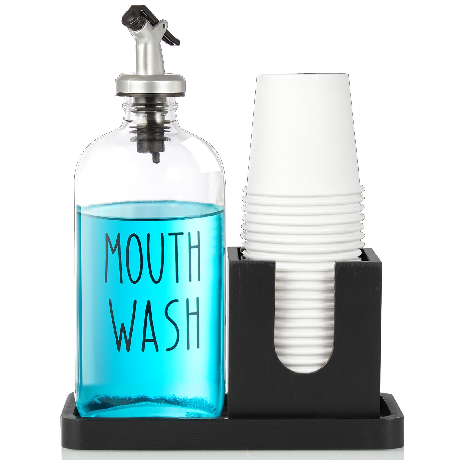 Mouthwash Dispenser For Bathroom, 16 Oz Glass Mouthwash Dispenser With Pour Spout And Wood Cup Holder And Tray, Mouth Wash Bottl