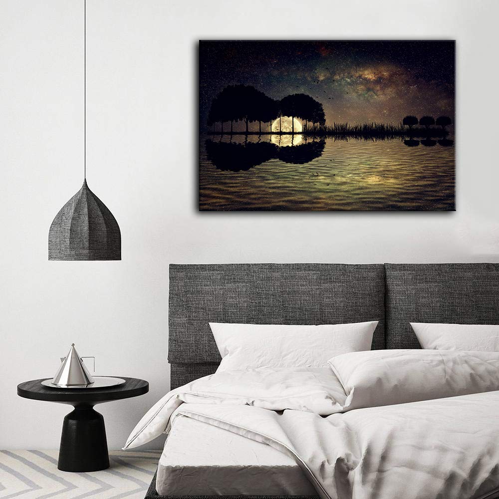 Urttiiyy Guitar Trees Arranged In A Shape Of A Guitar On A Starry Sky Background In A Full Moon Night Canvas Wall Art Modern Hom