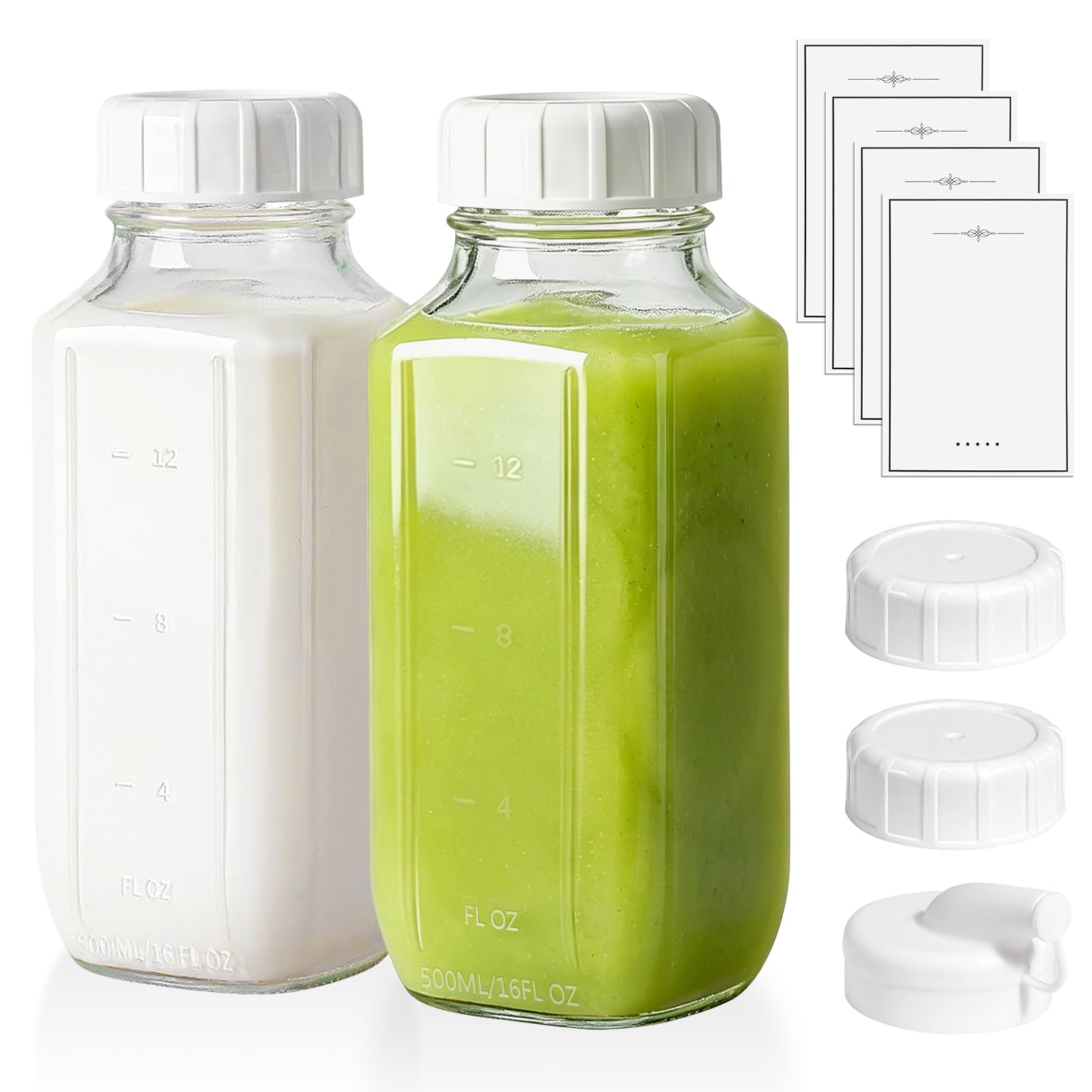 JOBVERT 2 Pack 16oz Glass Milk Bottles with Airtight Lids