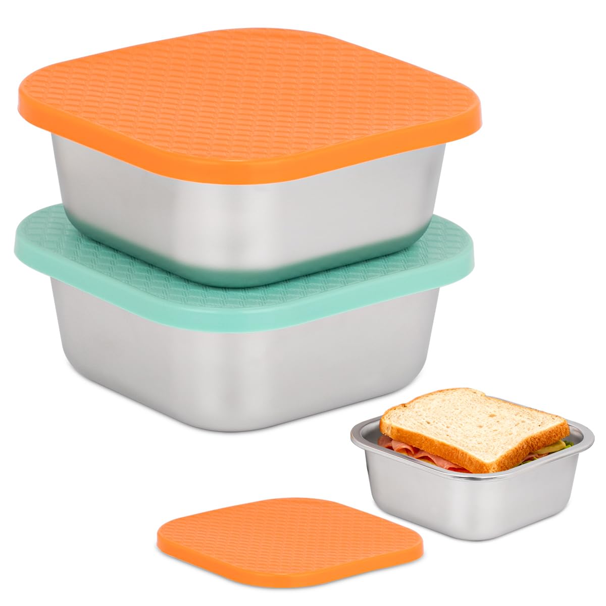 2 Pack Stainless Steel Sandwich Containers & Box, Food Storage, Orange/Blue