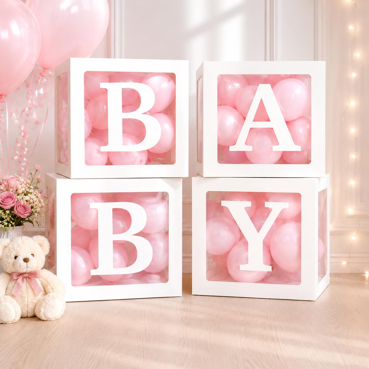 Pop The Party Decorative White 4Pcs Baby Boxes With Baby Letters & Balloons For Welcome Baby Decoration Kit | Baby Shower | Birt
