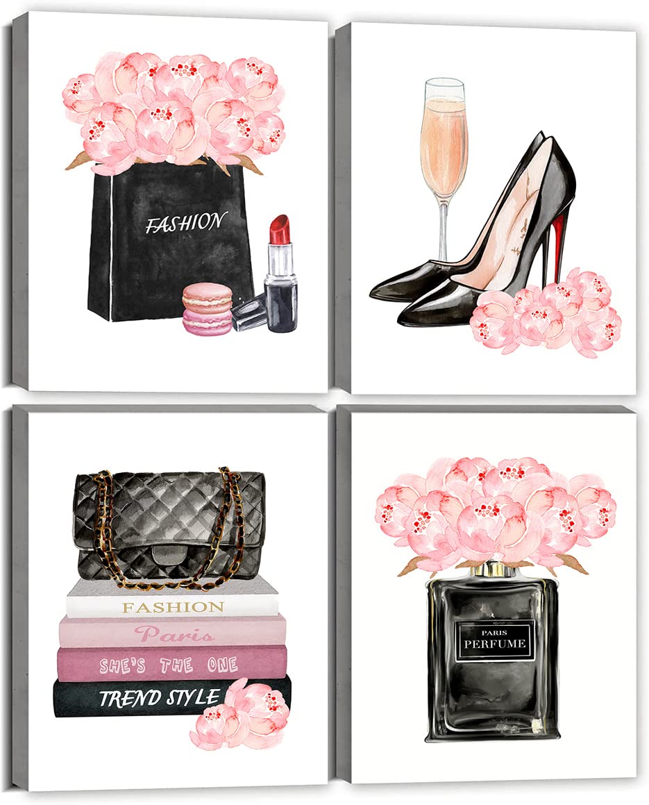 Pink Makeup Room Wall Art Fashion Perfume Flowers Handbag Poster Pictures Canvas Prints Framed For Women Bedroom Rose Gold Room