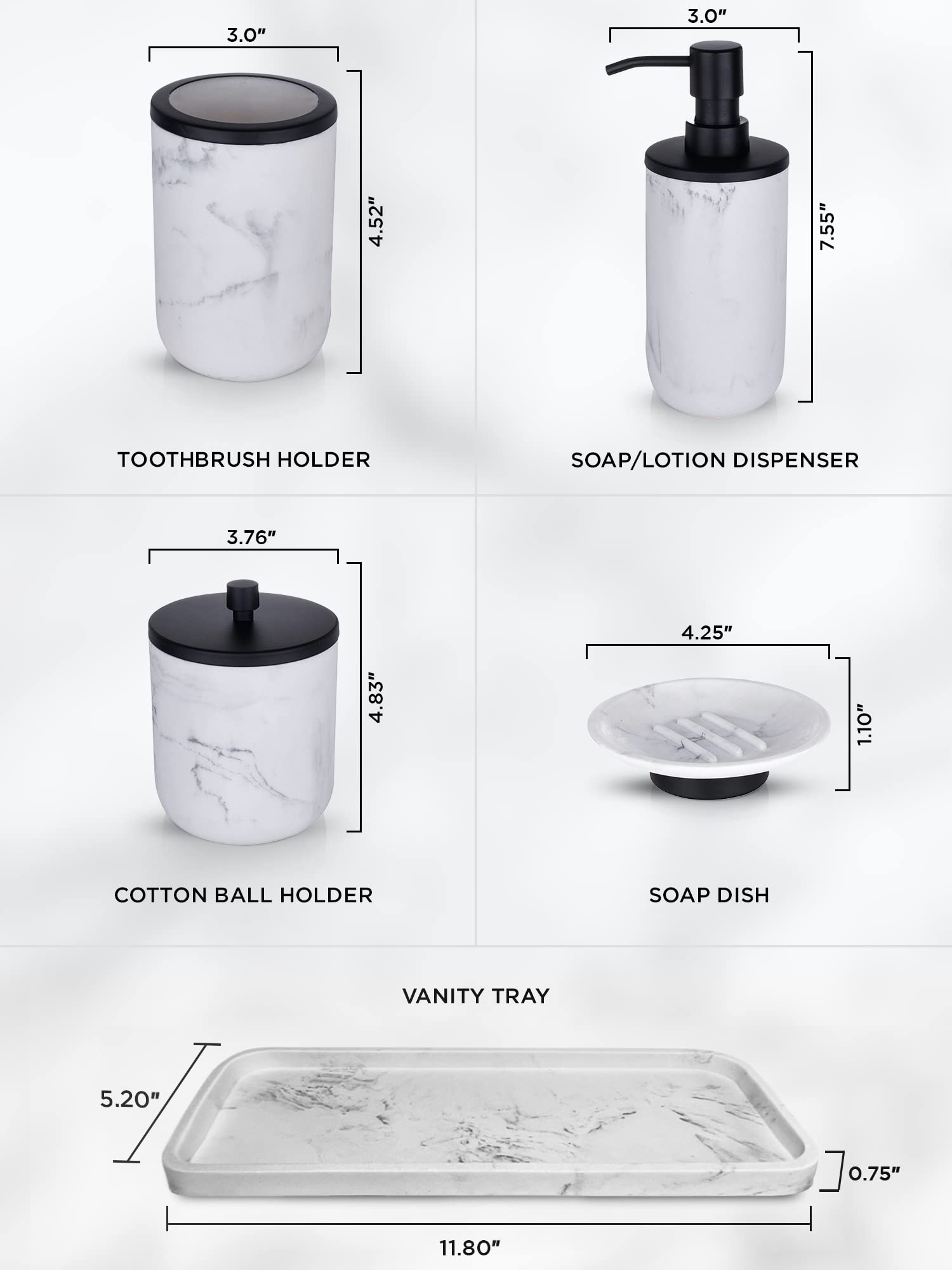 Bathroom Soap Dispenser Set - Bathroom Toothbrush Holder Set, Marble Bathroom Accessories, Matte Black Bathroom Accessories Set,