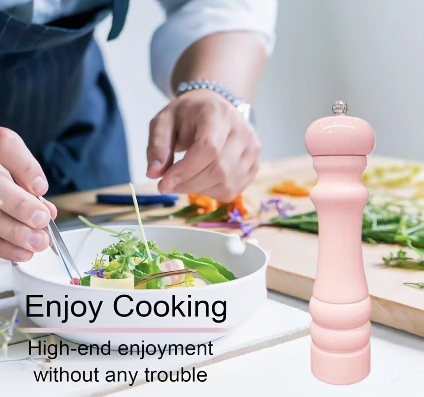 8-Inch Wooden Pepper And Salt Grinder - Oak Wood Manual Mill With Ceramic Core, Adjustable Coarseness, Refillable Design For Sea