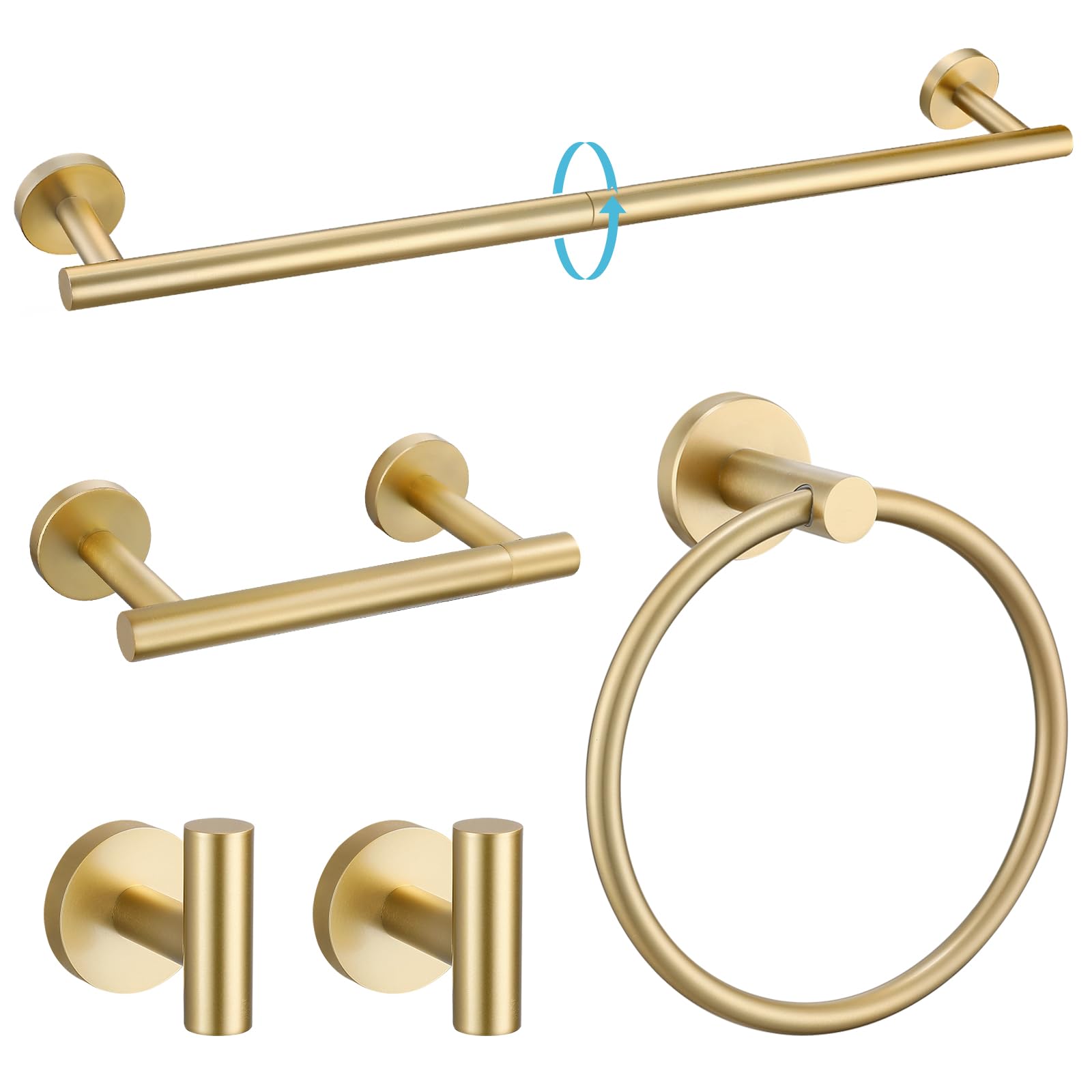 TURS Brushed Gold 5 Piece Bathroom Hardware Set, SUS304 Stainless Steel Bath Towel Bar Set, 24 Inch Round Bathroom Accessories K