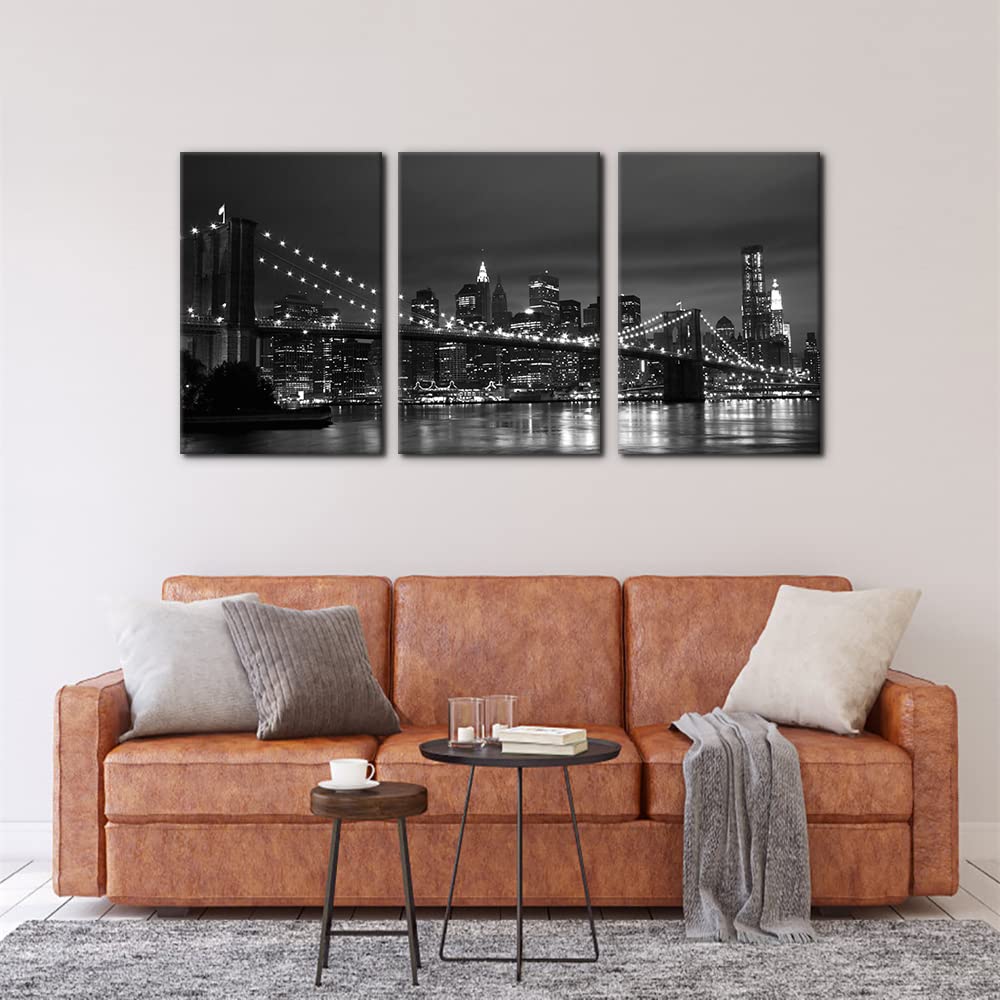 Pacimo New York Brooklyn Bridge Canvas Wall Art 3 Panels Night View Modern Landscape Artwork Cityscape Pictures Prints On Canvas
