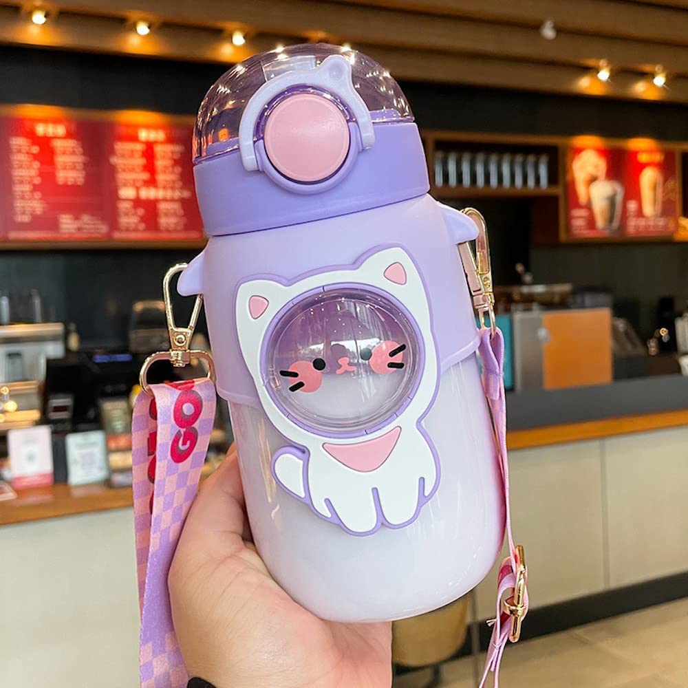 Excvalues Kawaii Bear Water Bottle With Straw And Shoulder Strap, 25Oz Cute Large Capacity Water Bottles With 3D Stickers For Gi