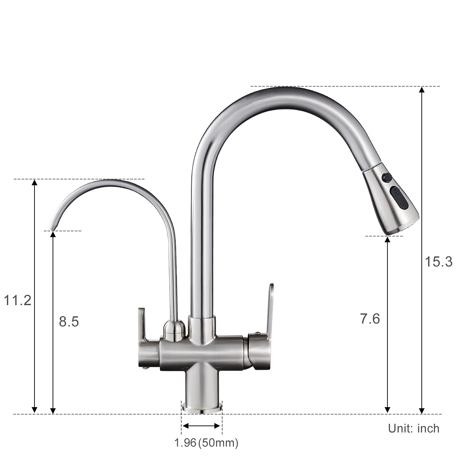 MENATT Filter Kitchen Faucet with Drinking Water Faucet  High Arc Pull Down 3-Way Kitchen Faucet  3 in 1 Sink Cold and Hot Mixer Tap (Brushed Nickel)