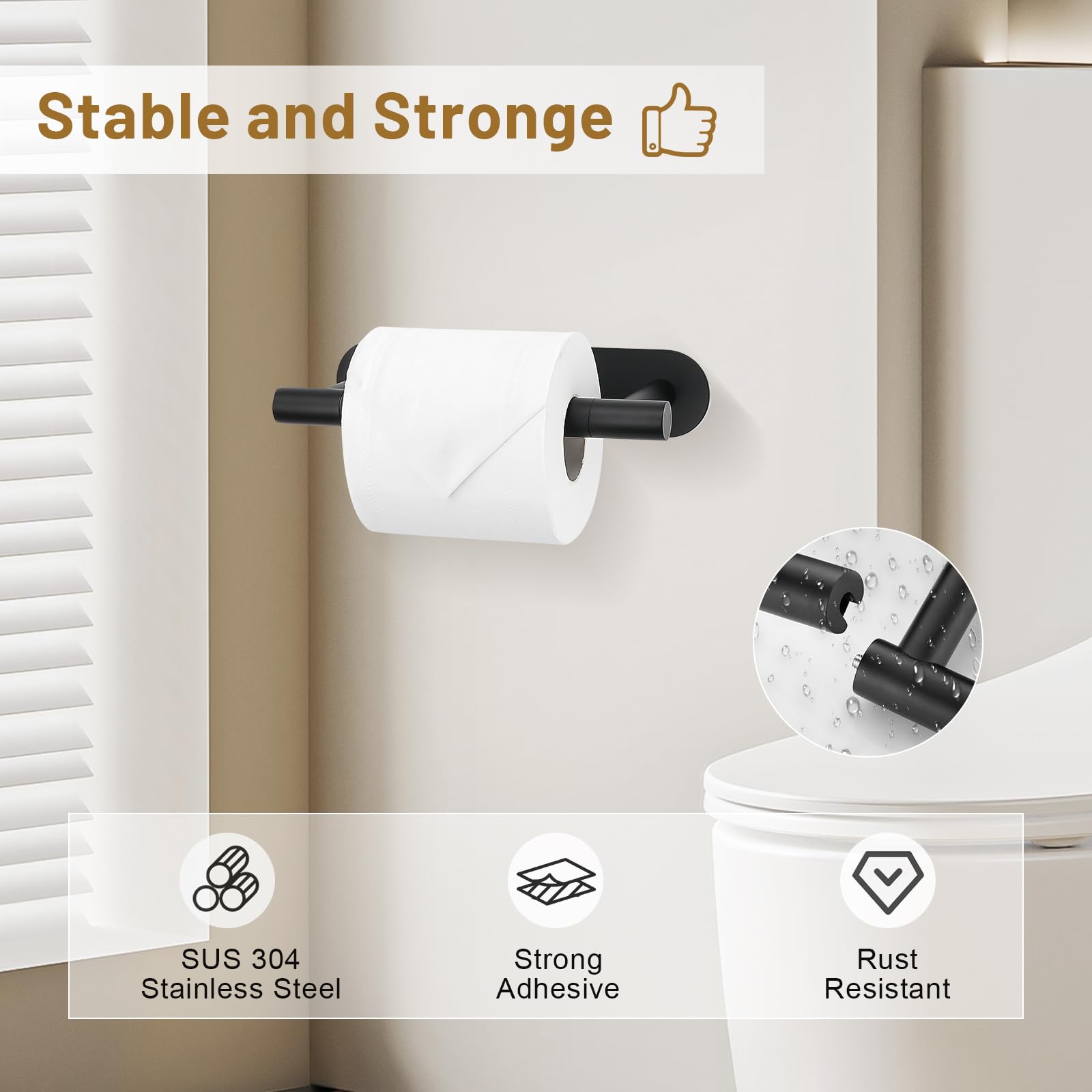 Self Adhesive Matte Black Toilet Paper Holder, Sus304 Stainless Steel Toilet Roll Holder, Double Base Paper Towel Holder Wall Mo
