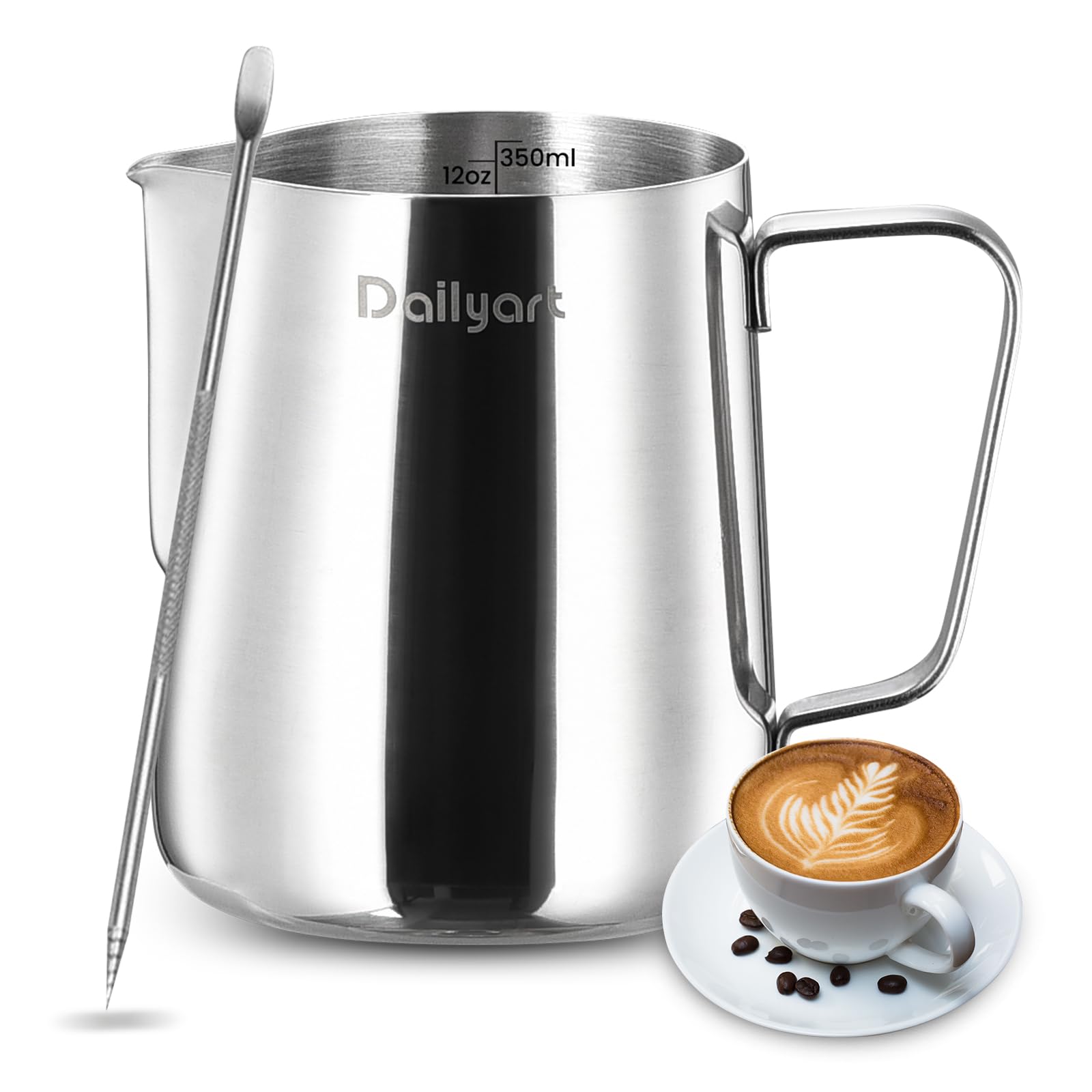 Milk Frothing Pitcher, Dailyart 12Oz/350Ml Milk Frother Cup 304 Stainless Steel Espresso Milk Steaming Pitcher With Art Pen, Esp
