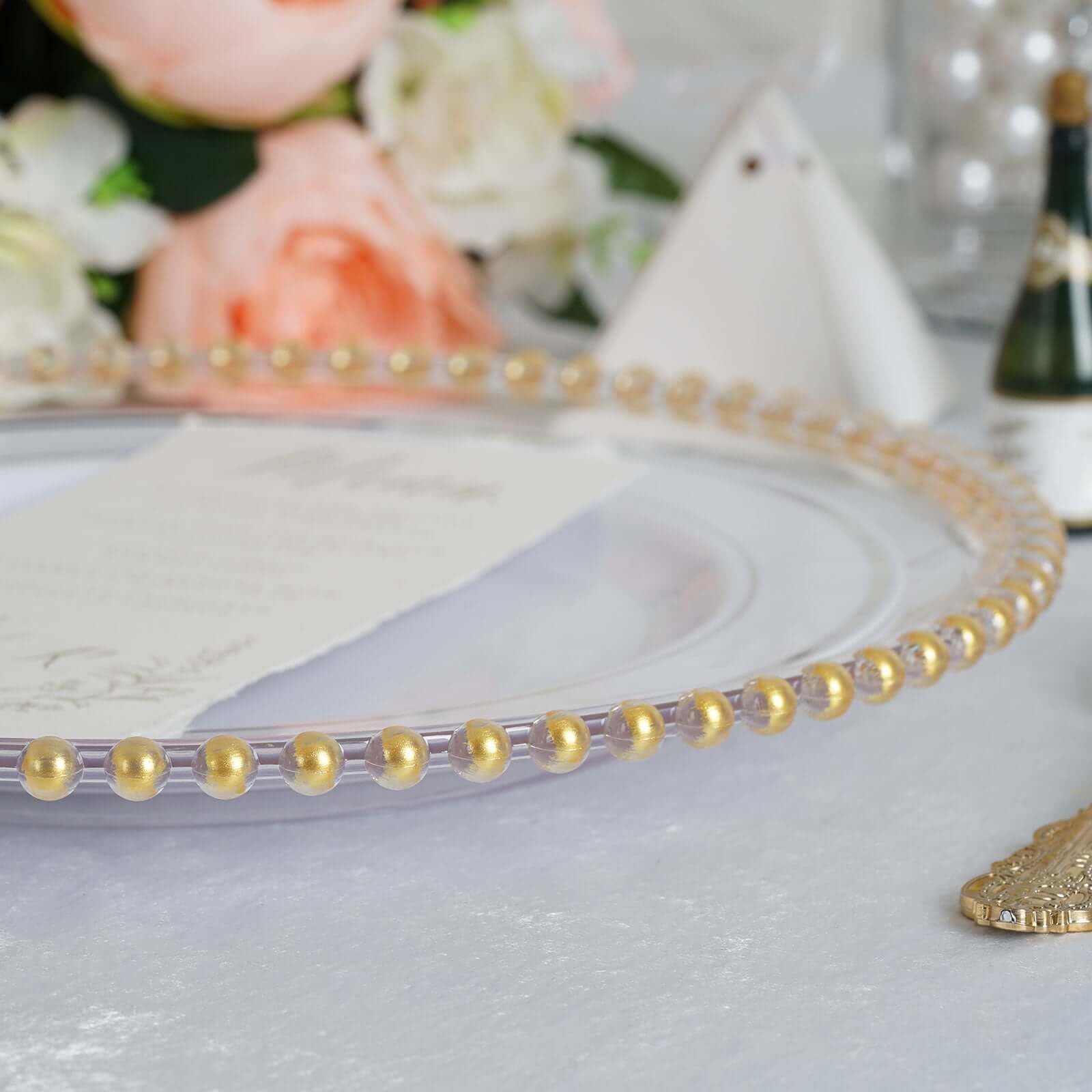 Tableclothsfactory 6 Pack 12'' Gold Clear Acrylic Round Charger Plates With Beaded Rim Dinner Charger Plates