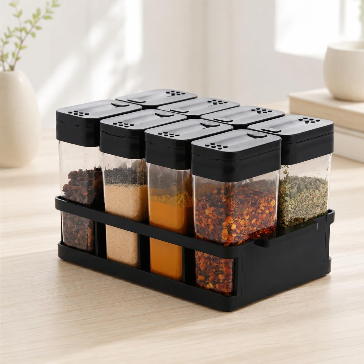 Dichot Spice Jar Set With Rack, 8Piece Seasoning Container Set, Transparent Spice Storage Jars With Adjustable DualPour Lid, K