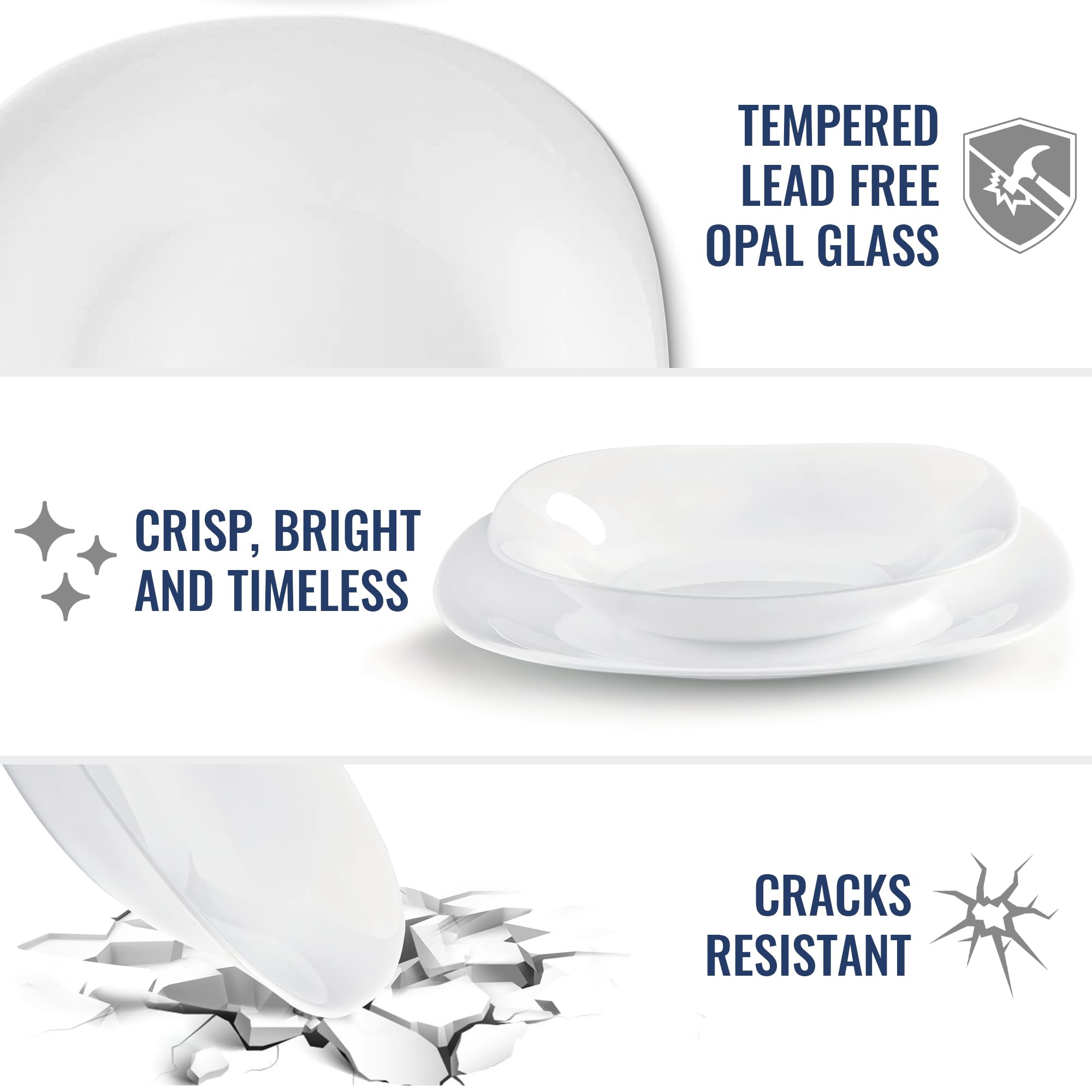 Bormioli Rocco Parma Set Of 6 Pasta Bowls And Soup Plates, 8.75 Inch Tempered Opal Glass, Clean White, Linear & Curved Design, D