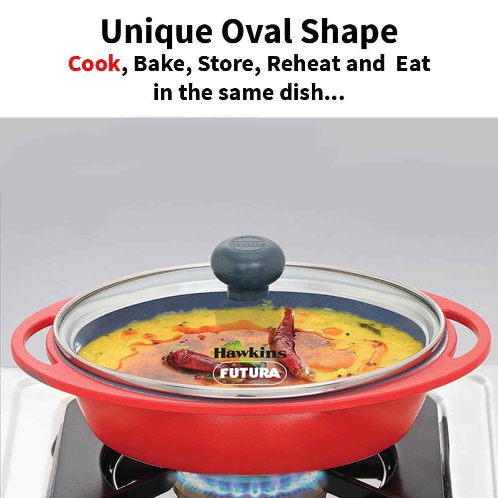 Hawkins 0.75 Litre Mini Casserole with Glass Lid, Oval Shaped Die-Cast pan for Cooking, Reheating, Serving and Storing, Grey (DC