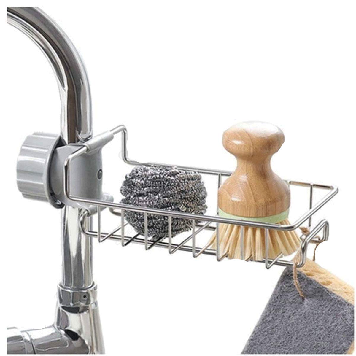 Kitchenfest Stainless Steel Faucet Rack, Washbasin Caddy And Adjustable Kitchen Hanging Soap Sponge Storage Holder