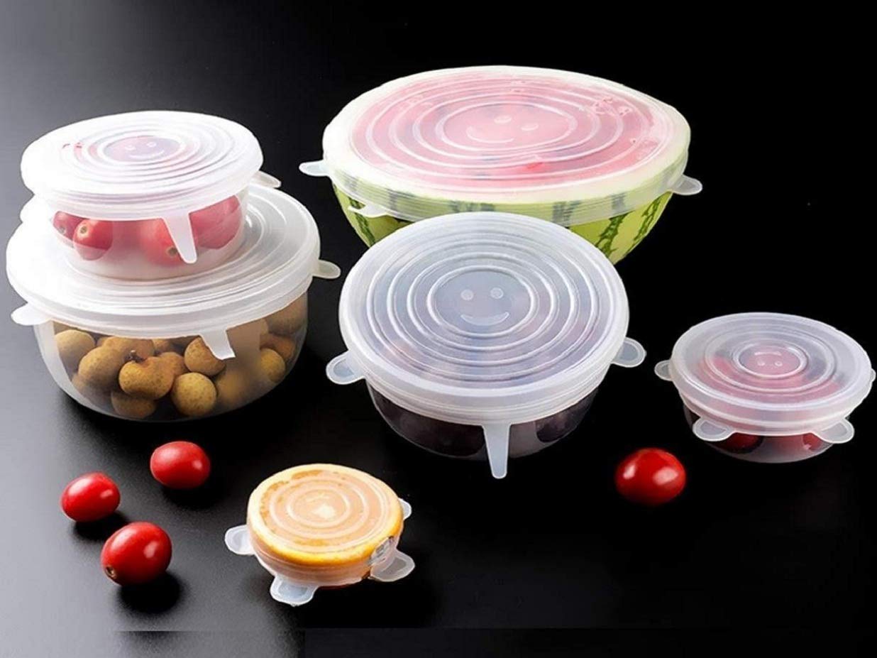 Trendegic 6Pcs Silicone Reusable Fresh Keeping Food Wrap for Bowls Plate Bottle Cups Jar Pan Seal Transparent Stretchable Cover