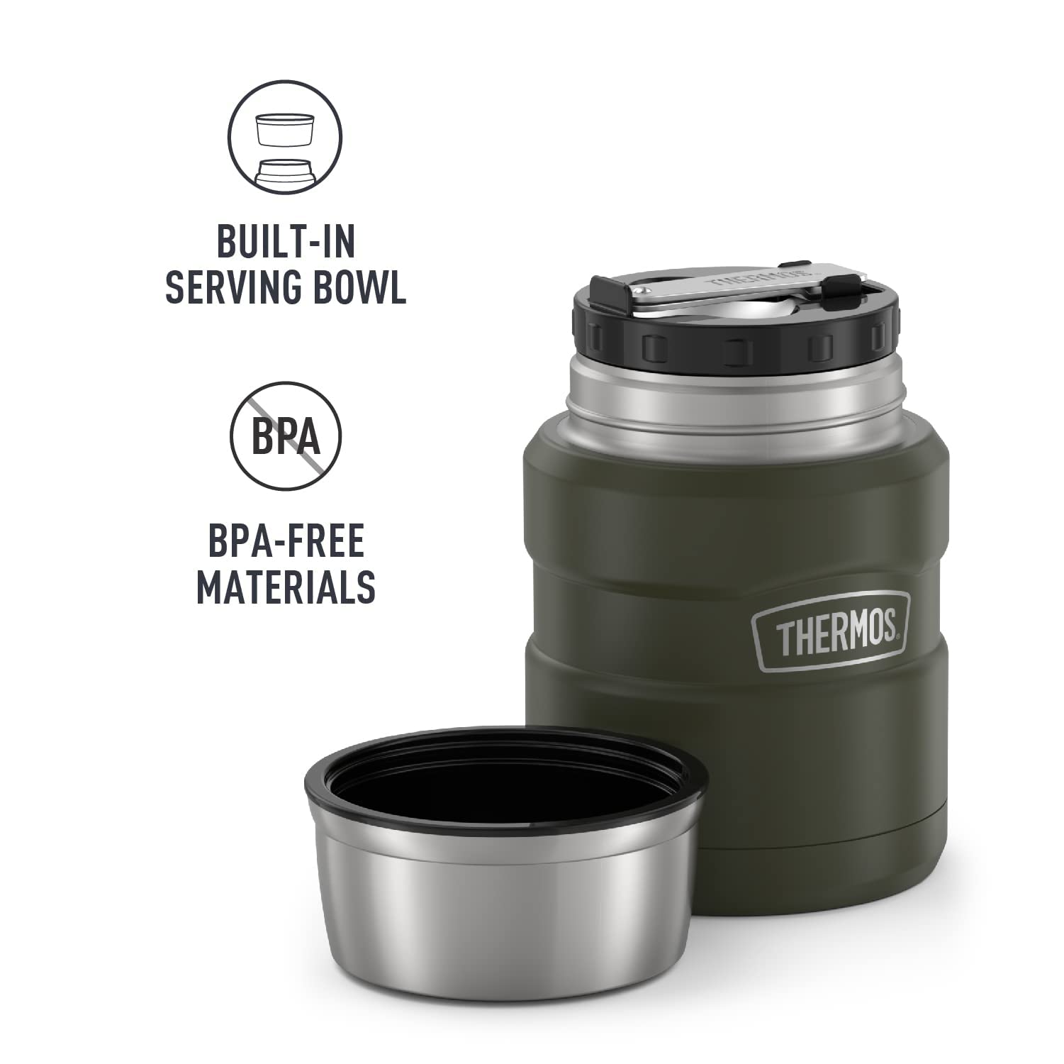 Thermos Stainless King Vacuum-Insulated Food Jar With Spoon, 16 Ounce, Army Green