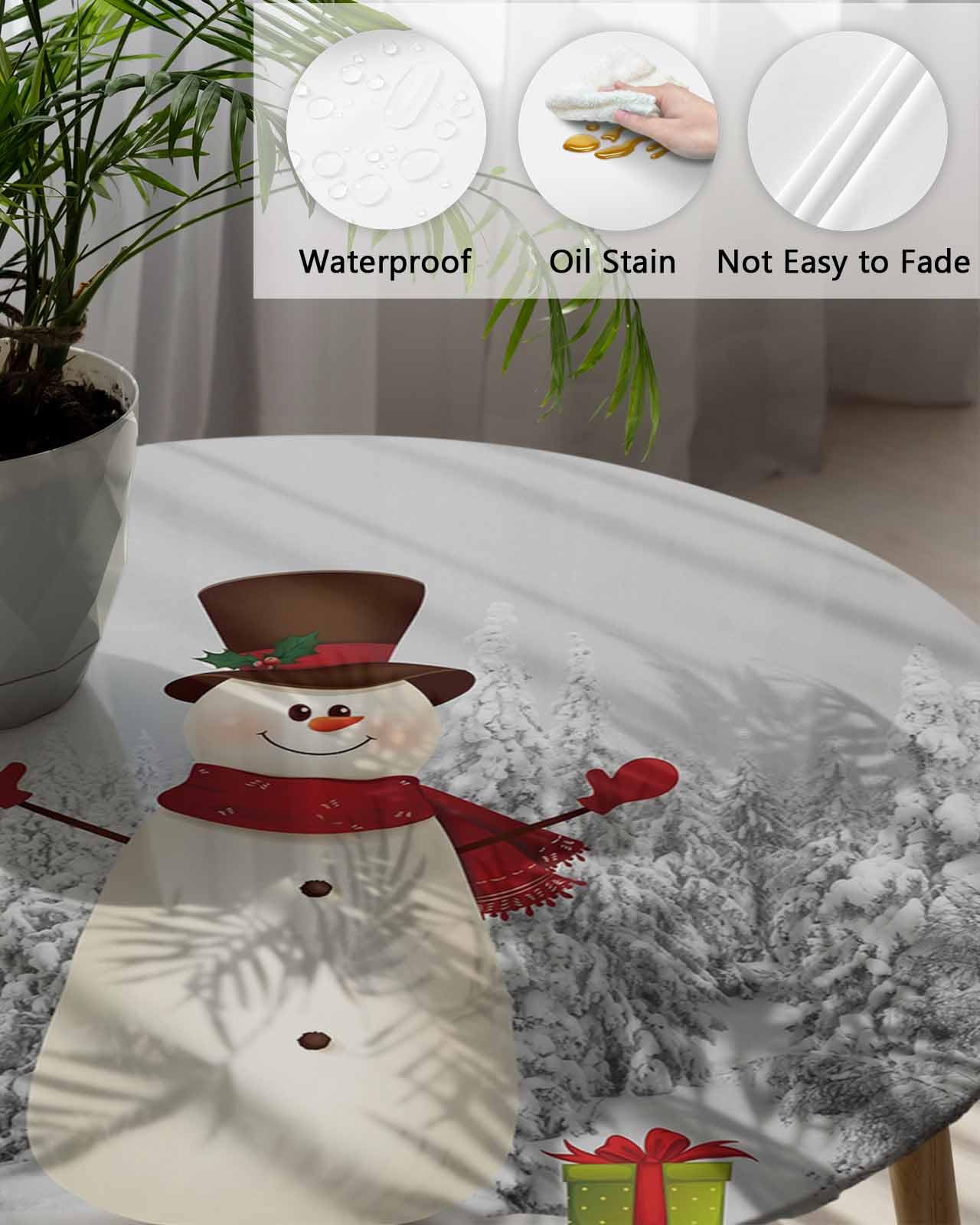 Christmas Snowman Round Fitted Table Cover For Dining Tables,Elastic Edged Tablecloth Winter Snowy Pine Forest Waterproof Oil Pr