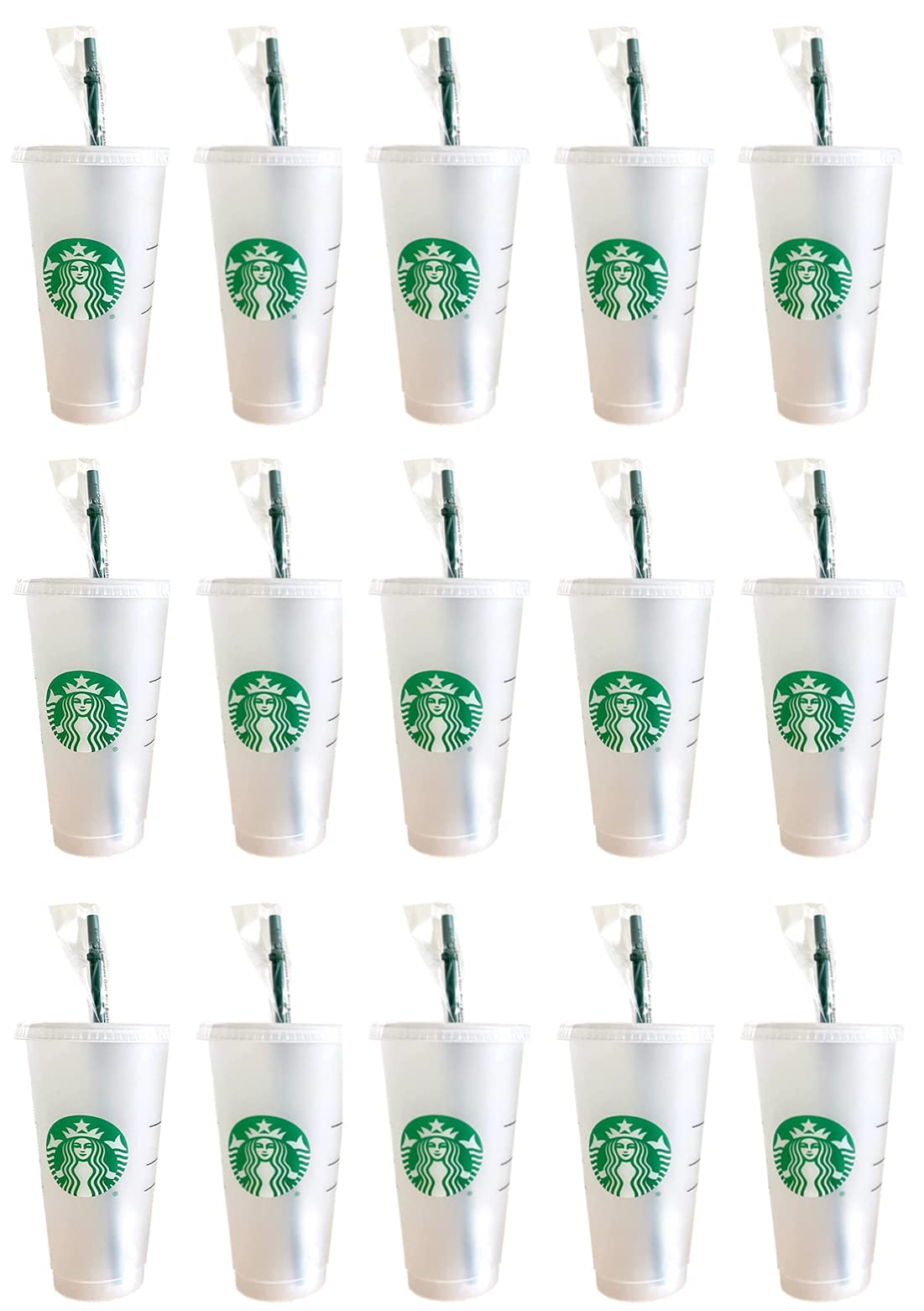 Starbucks 15 Pack Bundle - Reusable Frosted 24 oz Cold Cup with Lid and Green Straw w/Stopper