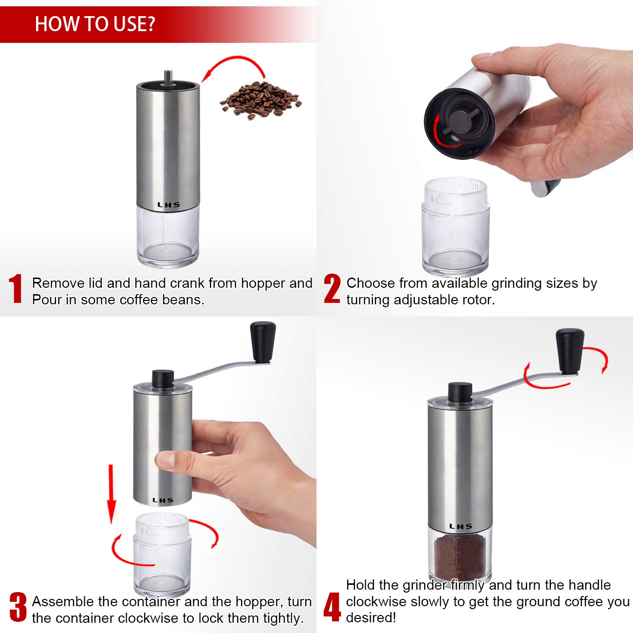 Lhs Manual Coffee Grinder With Ceramic Conical Burr Stainless Steel Hand Crank Mill For Drip Coffee, Espresso, French Press, Tur