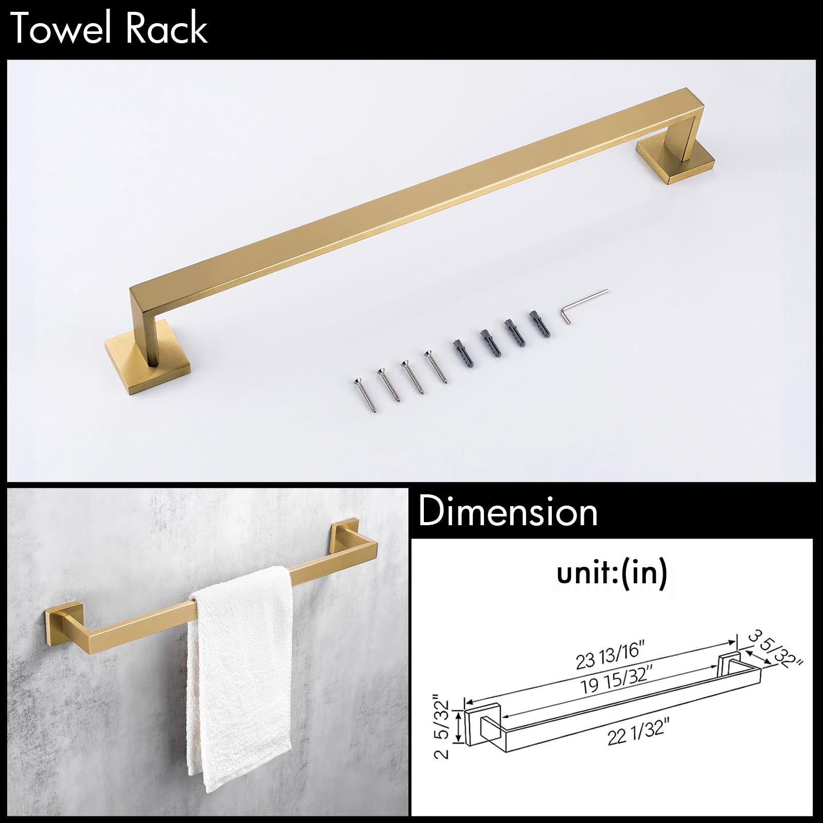 BAGNOLUX Brushed Brass Bathroom Accessories Set  4-Piece Wall Mounted Towel Bar Set Heavy Duty  23.6 Inch