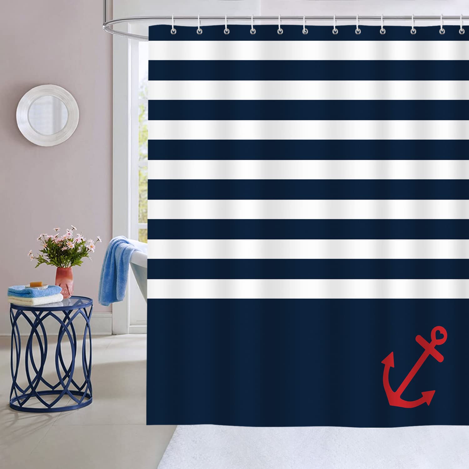 Bonhause Nautical Stripe Shower Curtain Anchor Navy Blue Decorative Bath Curtain 72 X 84 Inch Polyester Fabric Waterproof Bathro