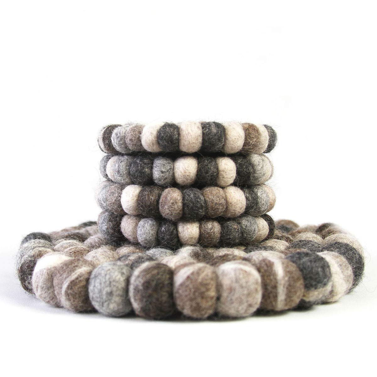 Global Crafts Hand Crafted Felt Ball Wool Trivet Mat From Nepal, 8'' Round Pad, Light Grey
