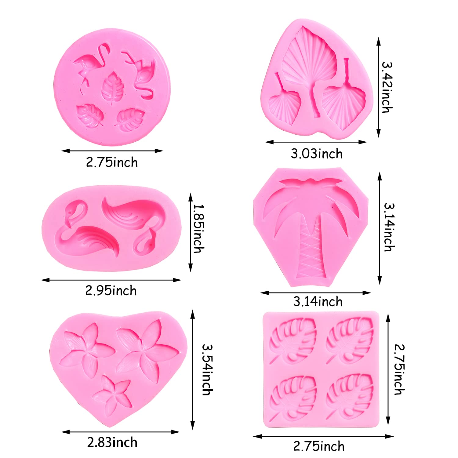 Doumeny 6Pcs Flamingo Fondant Mold Set Fan Leaf Silicone Mold Monstera Leaf Cake Mold Hawaiian Tropical Palm Leaf Chocolate Mold