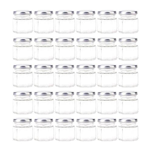 Tebery 30 Pack 1.5oz Mini Hexagon Glass Jars with Silver Lids and Labels  Honey Jars Small Spice Jars Mason Jars for Spices  Gifts  Wedding Party Favors  DIY and More