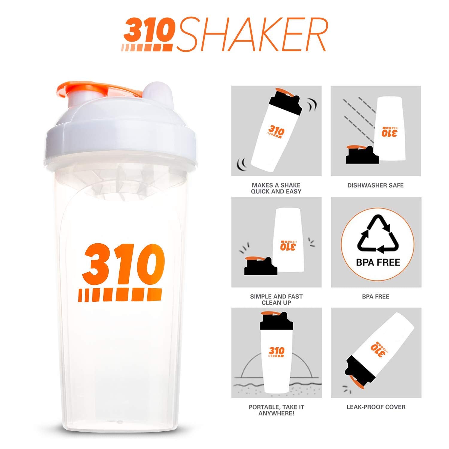310 Nutrition Protein Shaker Bottle Meal Replacement Blender Cup For Mixing Protein Powders, Lemonade Mix, And Pre Workout (Clea