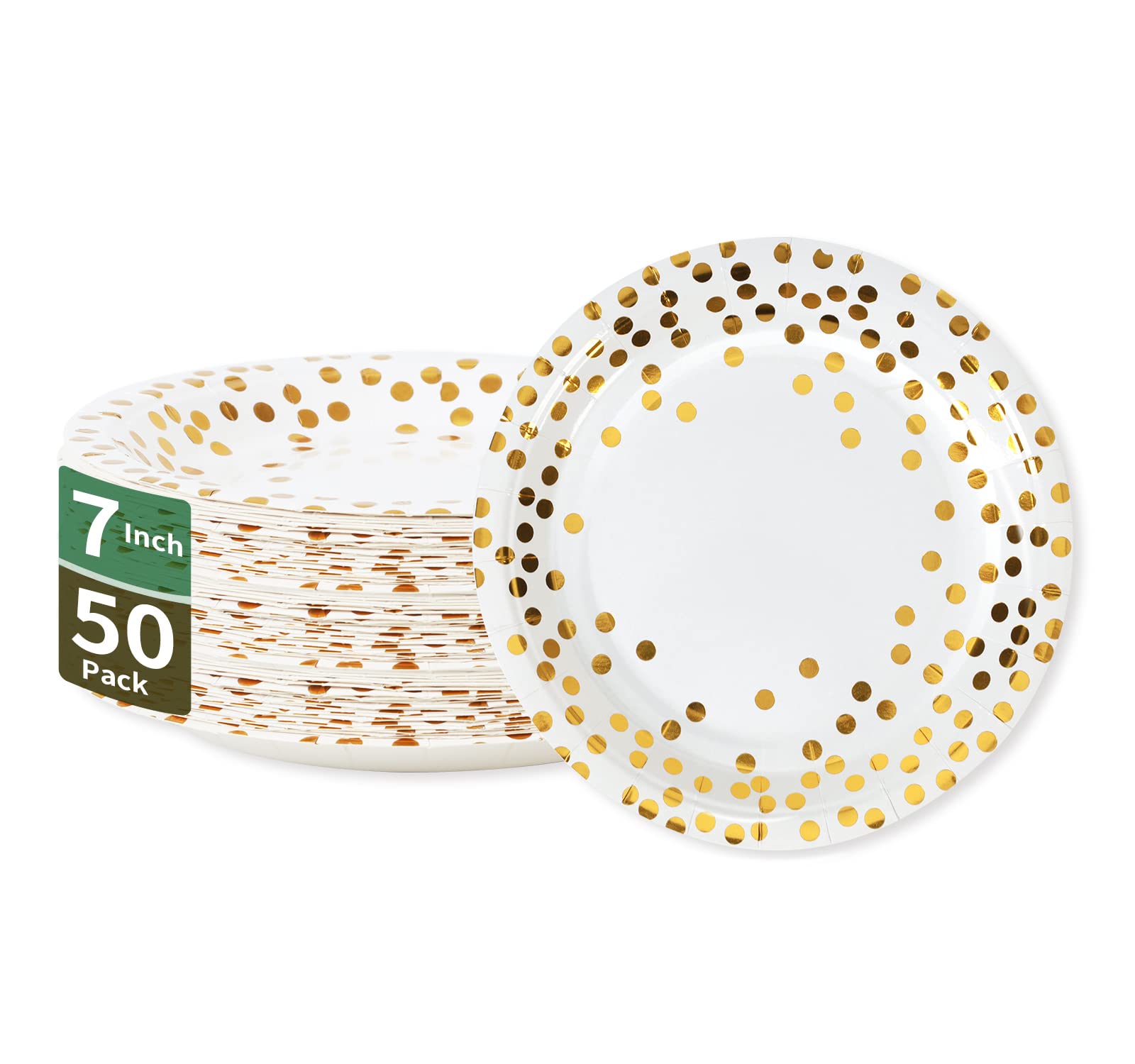 CENLBJ Gold Dots Party Paper Plates, 50 PCS Disposable Party Supplies Dessert Paper Plates for Birthday,Wedding Birdal Christmas