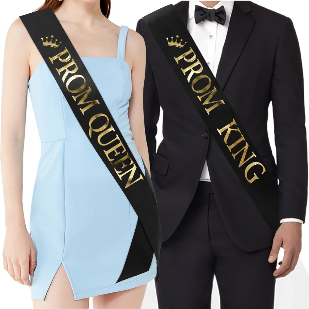 'Prom King'' And ''Prom Queen'' Sashes - Graduation Party School Party Accessories, Black With Gold Print