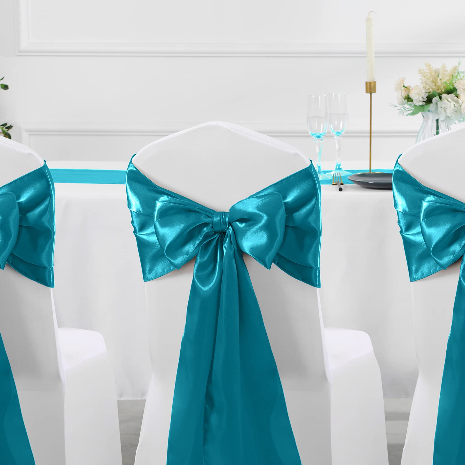 Manyshofu 12Pcs Satin Teal Blue Table Runner - 12 x 72 Inch Long Size  Party Table Runner Decor Bright & Smooth Wedding Decorations Table Runner for Banquet Chef Birthday Buffet Dinner Graduations