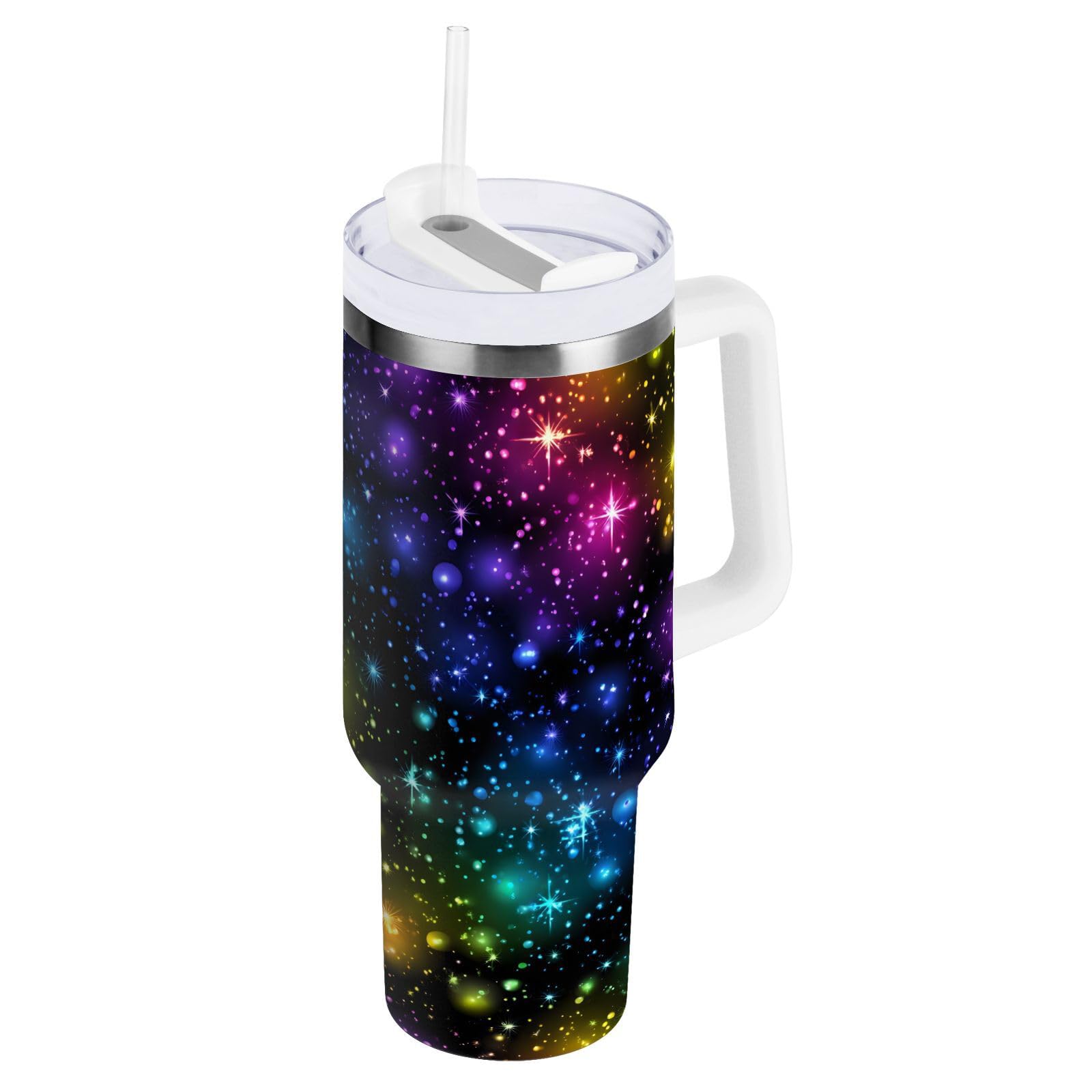 JIPONI 30 oz Tumbler with Handle & Straw, Rainbow Glitter Galaxy Water Bottle, Stainless Steel Vacuum Insulated Travel Mug, BPA