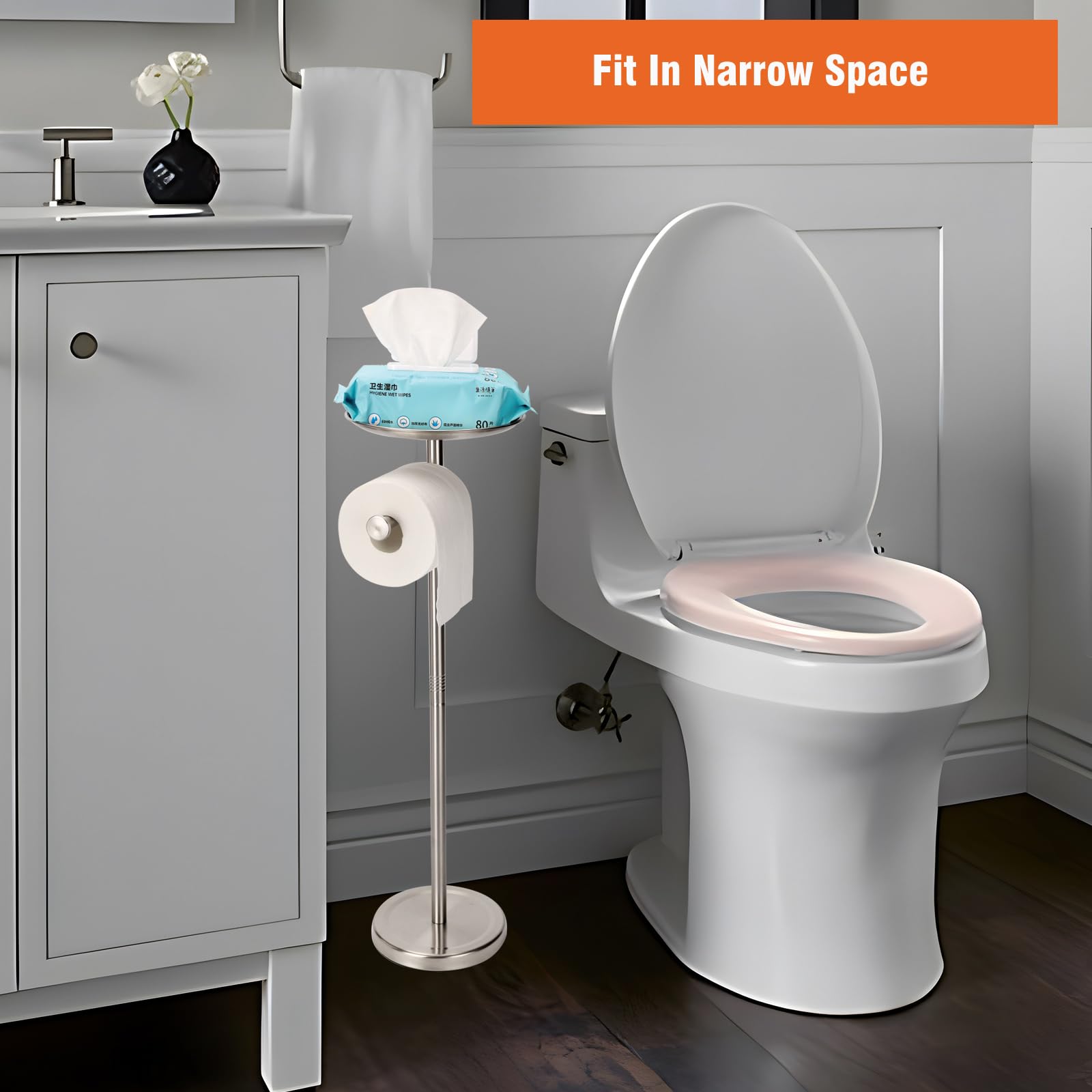 Tofix Toilet Paper Holder With Shelf, Toilet Paper Holder With Tray At The Top, Freestanding Toilet Paper Holder (Stainless Stee