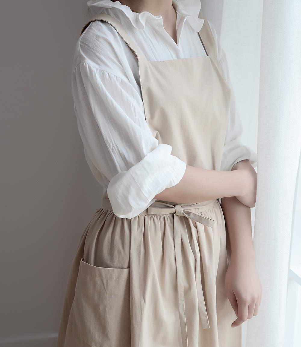 Losofar Cotton Pleated Apron Retro Waterdrop Proof Garden Cleaning Pinafore Dress (Wheat, 103Cmx86Cm)