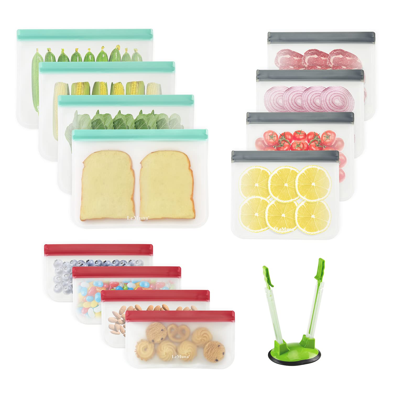 Lemuna 12 Pack Reusable Food Storage Bags With Baggy Rack (4 Gallon Freezer Bags, 4 Reusable Sandwich Bag, 4 Reusable Snack Bags