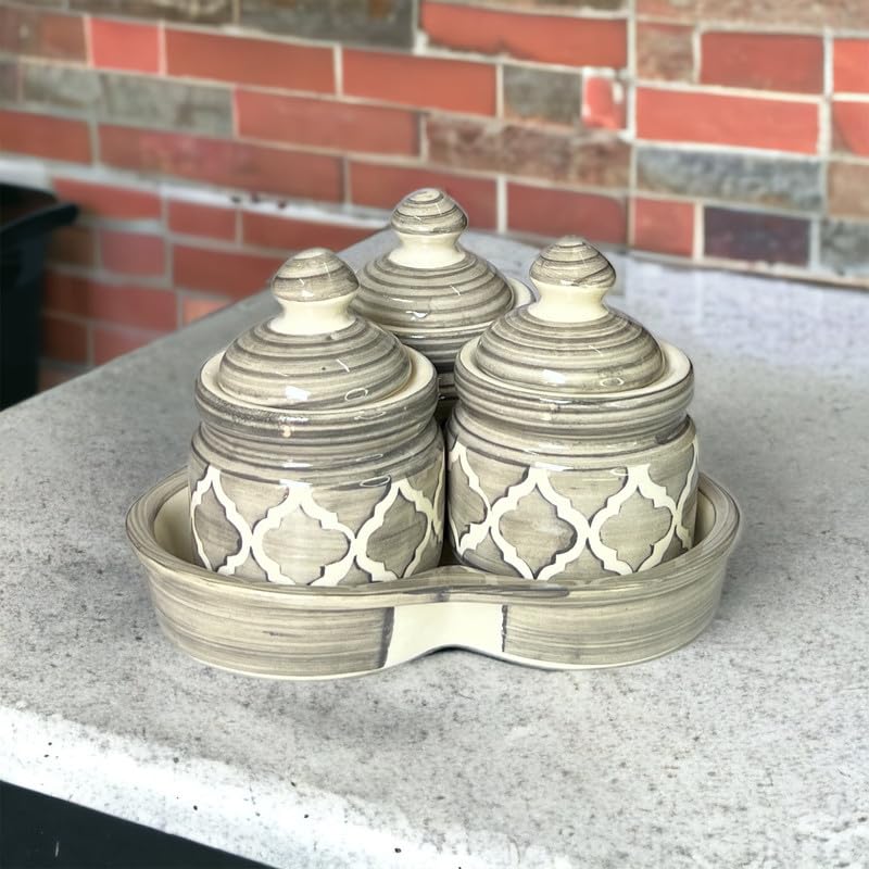 Backkspace Retail Ceramics Pickle Jars | HandPainted MultiPurpose Use |For Dining Table With Lids & Tray (GreySet Of 3)